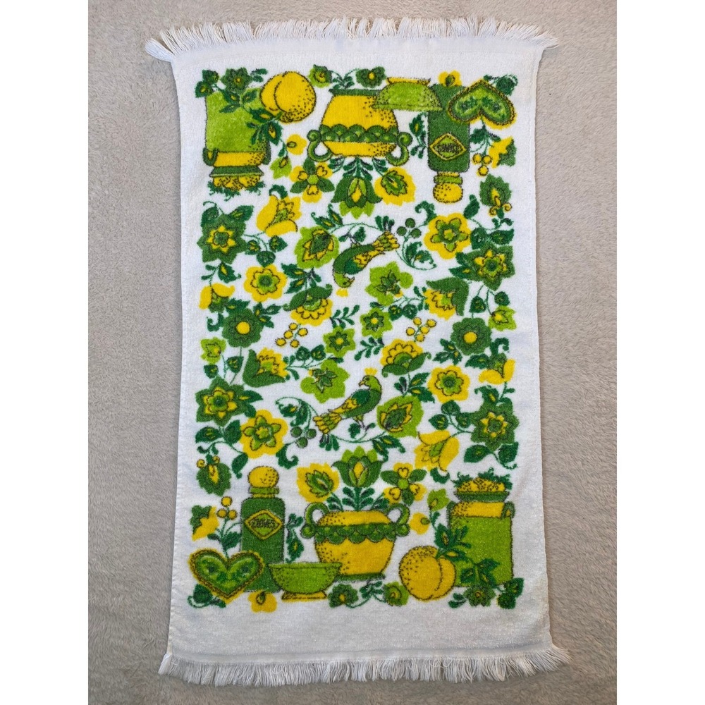 Vintage 70s Psychedelic Floral Bird Kitchen Hand Towel Green Yellow Fringe Retro
